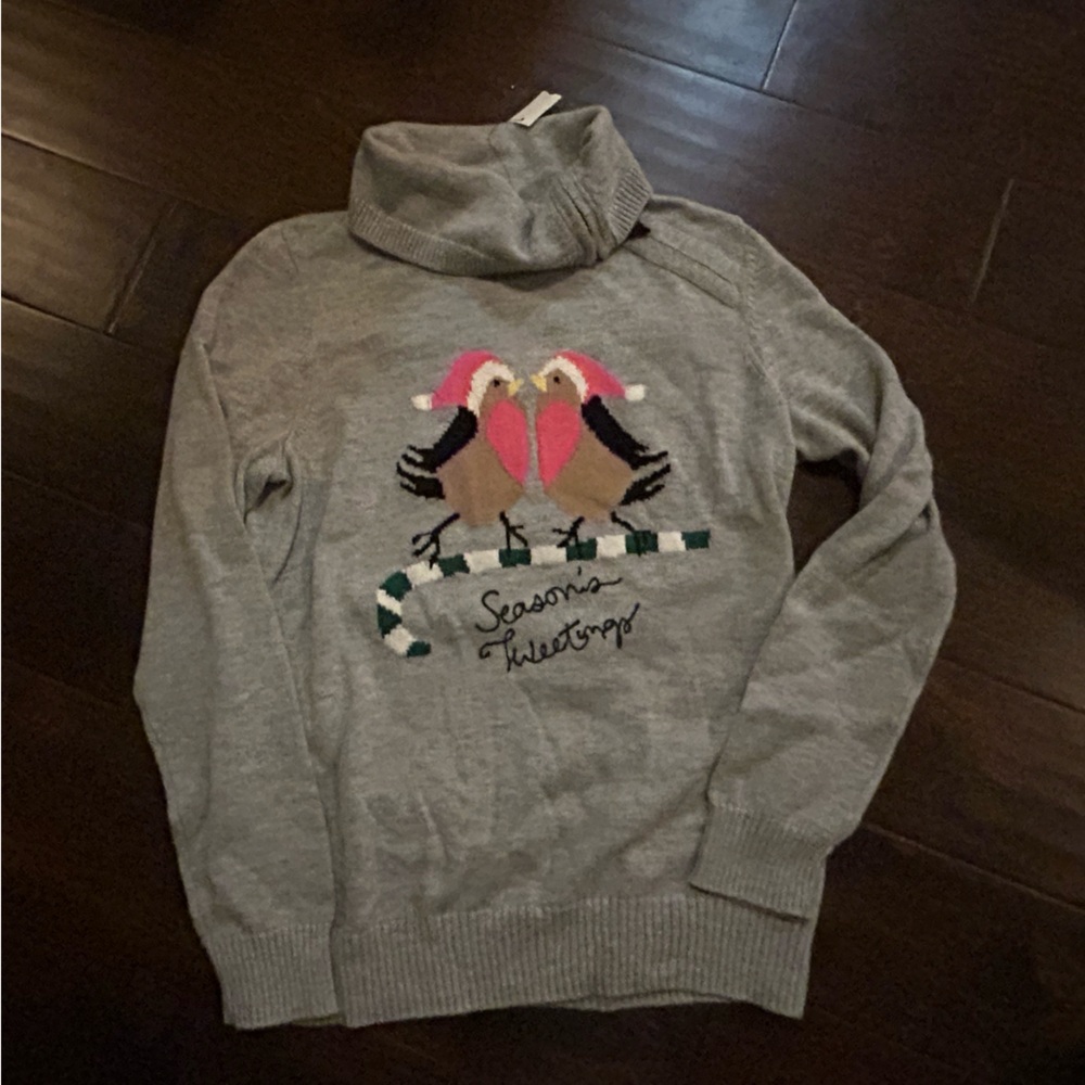 New Talbots gray Christmas Holiday sweater kissing birds Petite M